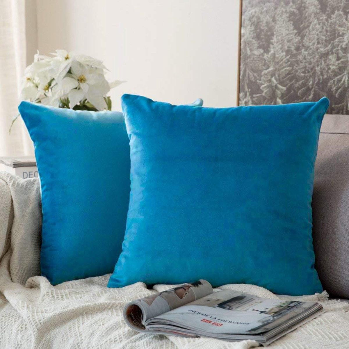 Set van decoratieve kussenhoezen in zachte blauwe fluweelkwaliteit, 71 x 71 cm