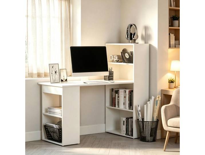 MEUBLIV Bureau informatique avec étagère intégrée blanc 3 compartiments de rangement 2 étagères
