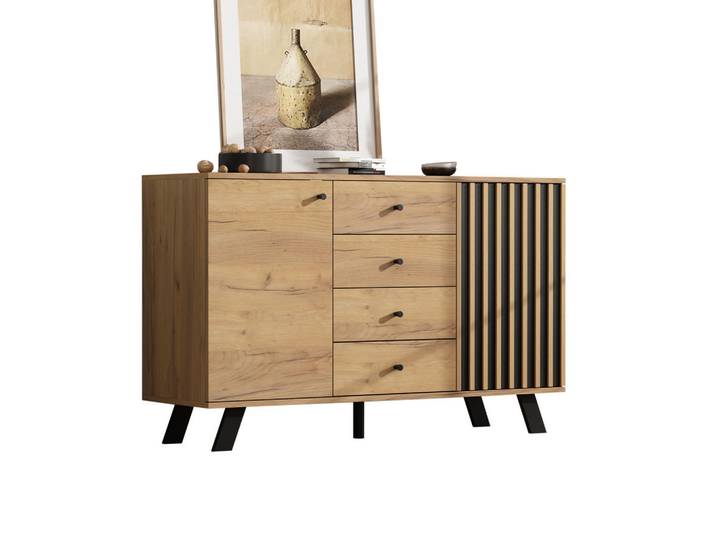 Modfu Sideboard aus MDF 120x38x75 cm Schwarz/Natur mit 4 Schubladen, 2 Schränken und Massivholzbeinen, 120x75x38 cm, Kleinmöbel, Kommoden, Sideboards
