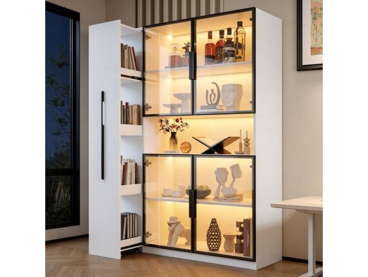 Gain de place meuble vitrine LED étagères coulissantes et tiroirs vitrine blanche pour salon ou cuisine