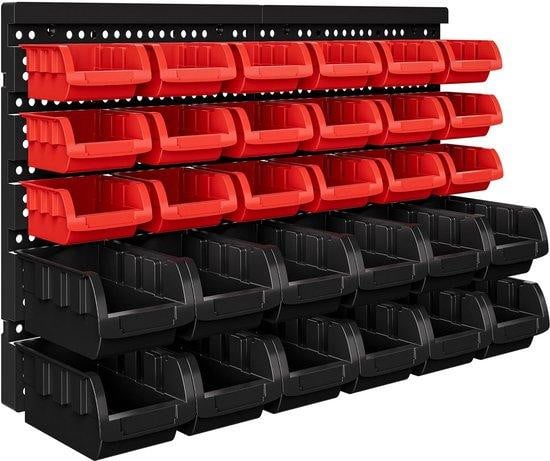 Famanu Wandrek met 32 stapelboxen uitbreidbaar robuust opbergrek zwart en rood