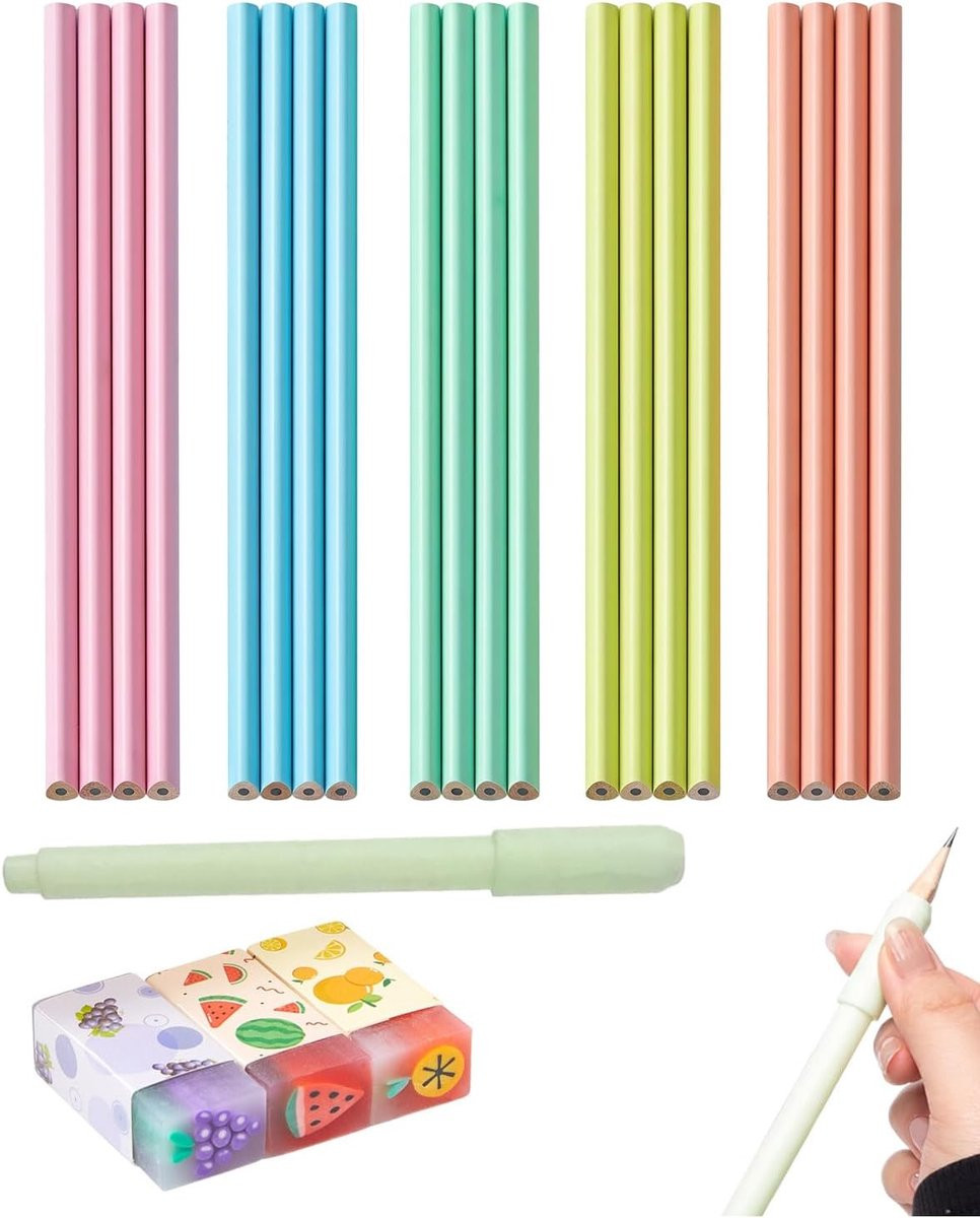 Set van 20 pastelkleurige potloden met siliconen greephulp en gum voor tekenen en schrijven