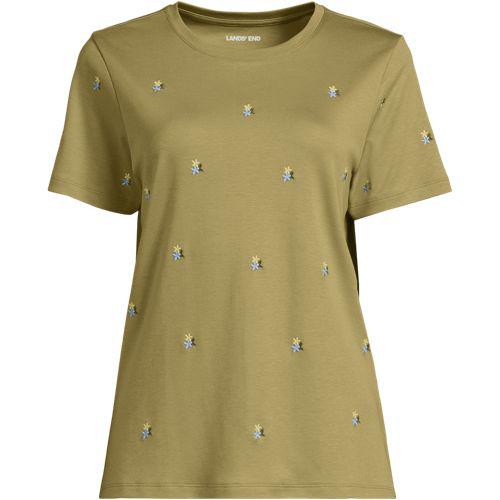 Besticktes Supima Rundhalsshirt, Damen, size: regular, Grün, Baumwolle, by Lands' End