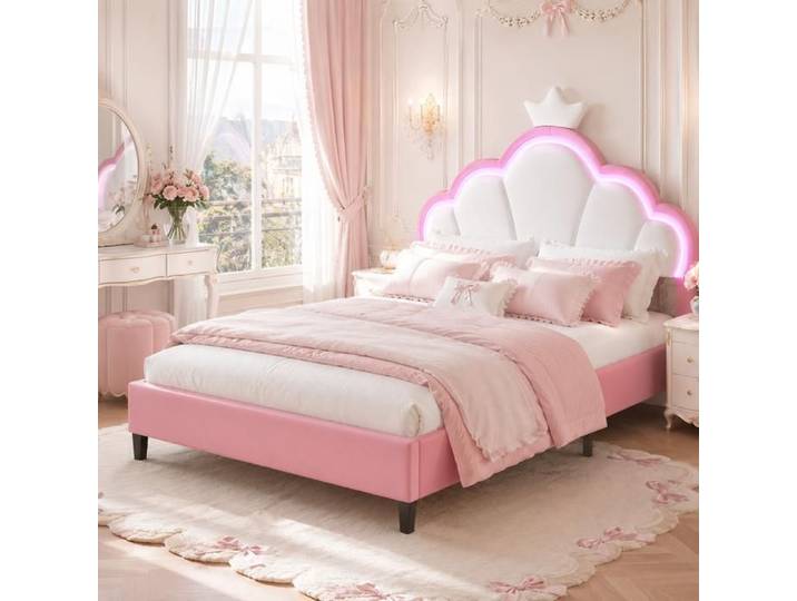 Lit princesse 140 x 190 - Blanc + rose - Lit enfant double 140 x 190 - Tête de lit avec LED réglables - Velours - Motif couronne