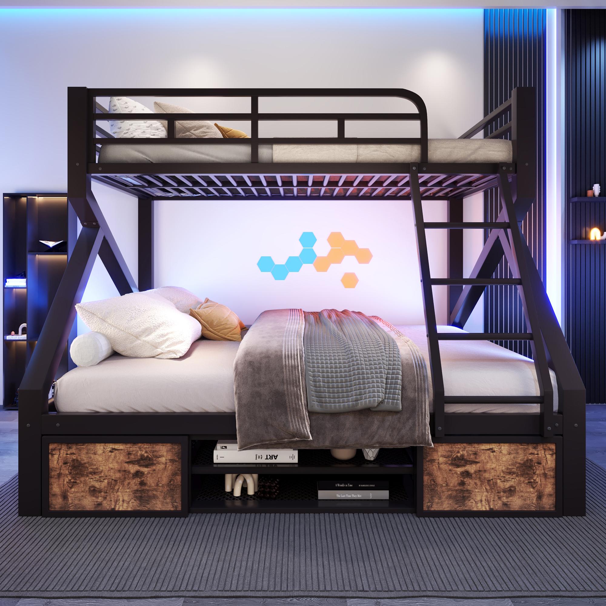Flieks Etagenbett 90x200/140x200cm mit Leiter, Doppelstockbett mit Schuhschrank und Staufächern, Hochbett mit Sicherheitsgeländer, Schwarz, Metall+MDF