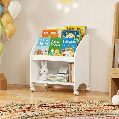 Kodotan sofa Kids Bookshelf with Wheels, 3-Tier Front Display Bookcase, MDF Rolling Book Organizer with 360°Lockable Casters
