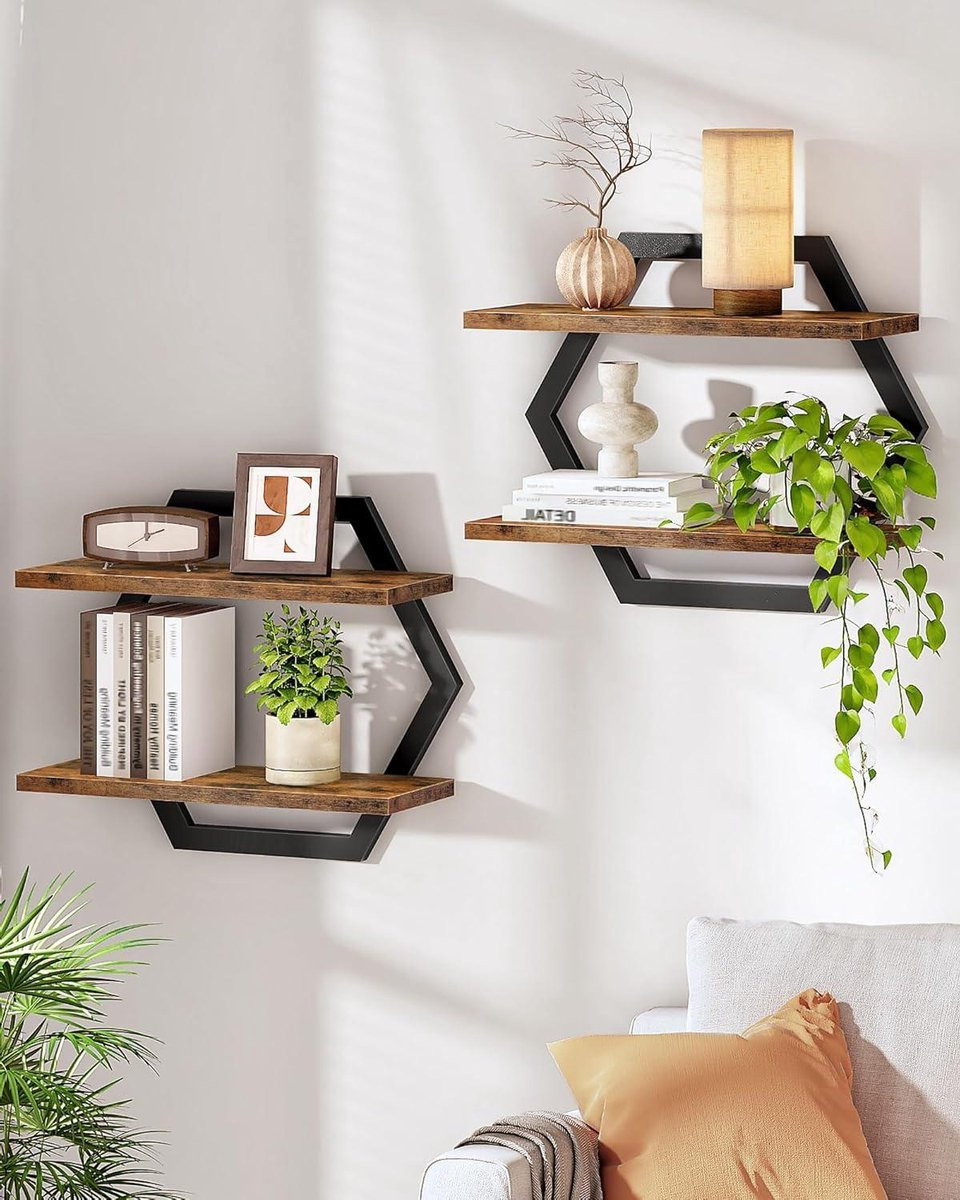 Set van 2 Zeshoekige Zwevende Wandplanken voor Decoratie en Opslag