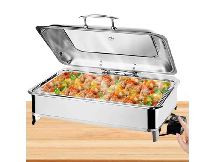 BOVDC Chafing Dish Elektrisch 9L, Edelstahl (A, Full Pan) Elektrische Warmhaltebehälter Einstellbare Temperatur, Rechteckiger Chafing Dish Set Speisenwärmer mit Sichtbarem Glasdeckel