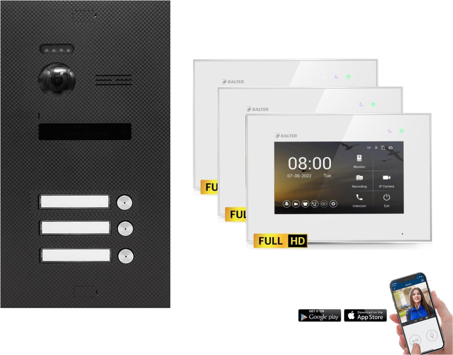 BALTER EVO HD Karbon-Graphit Video Türsprechanlage Set 3 Teilnehmer 3x 7" WLAN Monitor Weiß