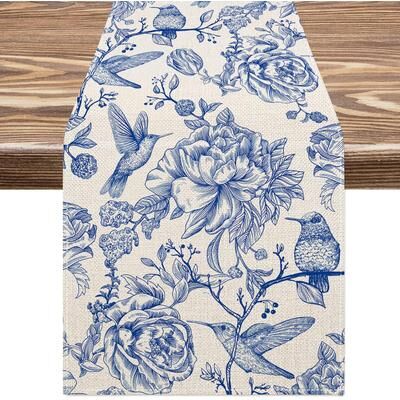 Modern Mode Marketplace Elegant Blue White Linen Table Runner Bird & Flower Vintage Floral Decor For Holiday Wedding & Dining 70.8x13inch