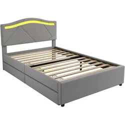 STILVORA Polsterbett Leinen Grau 90x200 cm mit Lattenrost, LED-Beleuchtung und 2 Schubladen