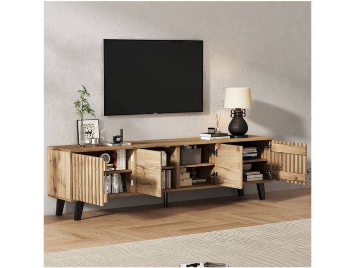 Meuble TV 180x40x55 cm EVRYAE - 8 compartiments et 4 portes pour TV jusqu a 70 pouces - Bois naturel et noir