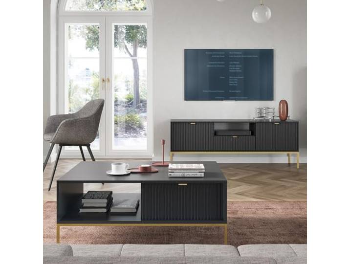 Lomadox Wohnmöbel Set Wohnwand schwarz, Fußgestell goldfarben, 2-teilig, 1 Couchtisch, 1 Lowboard