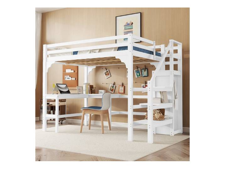 HAUSS SPOLE Kinderbett 140x200 mit matratze Hochbett mit Schreibtisch, Offener Kleiderschrank