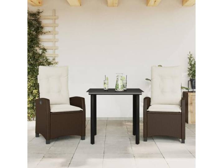 KTHLBRH Gartenmöbel-Set, 3-teilig, Polyrattan, Braun Verstellbare Sessel, Couchtisch aus gehärtetem Glas, 80 x 80 cm, Kissen waschbar