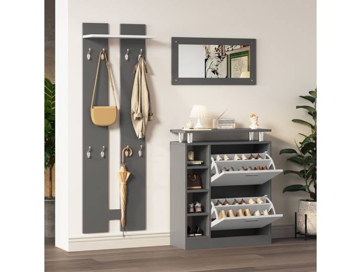 Ensemble d'Entrée Vestiaire - 3 Pièces - avec Miroir - Porte-Manteau Mural - Armoire à Chaussures - Gris Anthracite