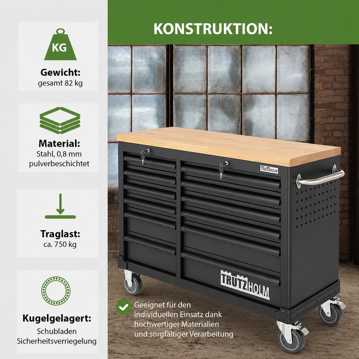 Werkstattwagen DELUXE 12 Schubladen 123 cm Breite unbestückt mit massiver Arbeitsplatte Anthrazit