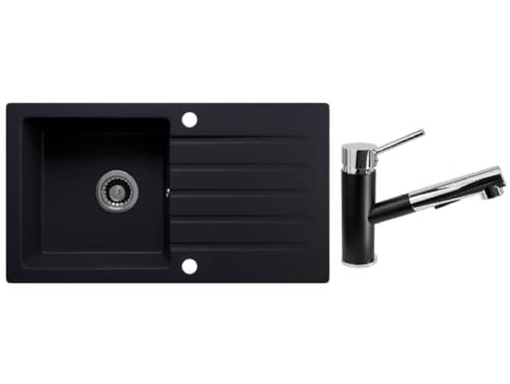 Rein Schwarz LINDBERGH® Antibakterielle Granit Spüle MEG44 + Siphon Einbauspüle Küchenspüle Spülbecken + IMPRÄGNIERUNG - Verbundstoffe MADE IN GERMANY (5. Spüle MEG44 + Armatur 1-Nero)