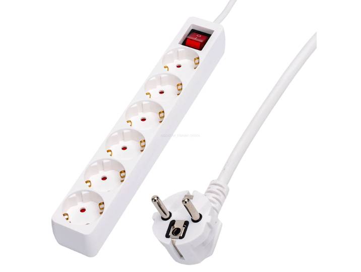 Multiprise avec câble/6 prises allemandes/3G 1,0 mm²/1 m/Interrupteur avec témoin lumineux/Blanc/PP