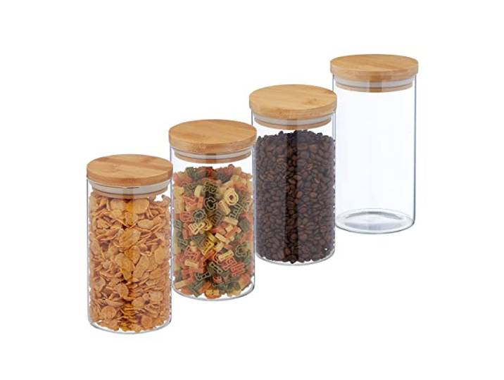 Relaxdays Lot de 4 bocaux en verre avec couvercle bambou\, bocal conservation\, 1000 ml\, hermétique\, transparent/naturel