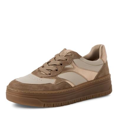 Plateausneaker TAMARIS, Damen, Gr. 39, Textil, taupe, gold, Leder, Lederimitat, kontrastfarbene Details, metallic, Basic, Schuhe Plateausneaker, Freizeitschuh, Plateausneaker im angesagtem Look