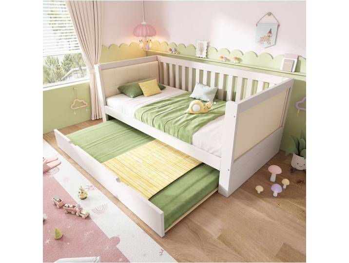WUVRIE Lit gigogne 90 x 200 cm avec couchage 90 x 190 cm pin massif blanc sommier à lattes inclus