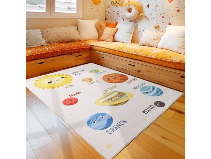 Teppium Tapis enfant motif planètes couleur beige 140x200 cm tapis chambre enfant tapis chambre bébé