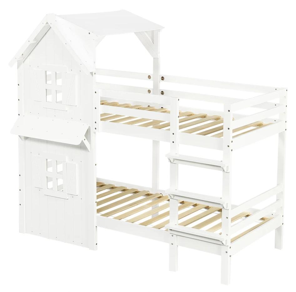 Kinder-Etagenbett - 90 x 200 cm - Massivholz und MDF - Fenster und Dach - Seitliche Sicherheitsgeländer - Gerade 3-stufige Leiter - Stabiler Lattenrost - Weiß