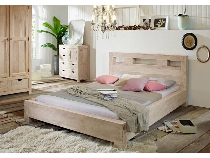 Bett Akazie 140x200x90 white stone getüncht  NATURE WHITE #203