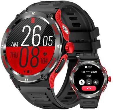 Daily Deals Depot KT76 Smart Watch Waterproof Men Sport, Compass, LED Flashlight, Heart Rate Monitor, Sleep, Bluetooth Call red