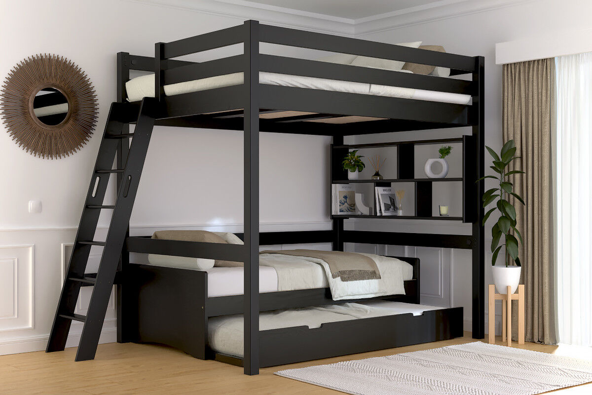 ABC MEUBLES Hochbett 140x190 holz mit Leiter Sylvia schräge Leiter - Schwarz