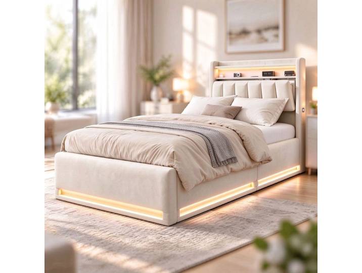 Lit simple 90x190 lit coffre 90x190 avec sommier LED USB coffre de lit lit 90x190 tissu velours beige