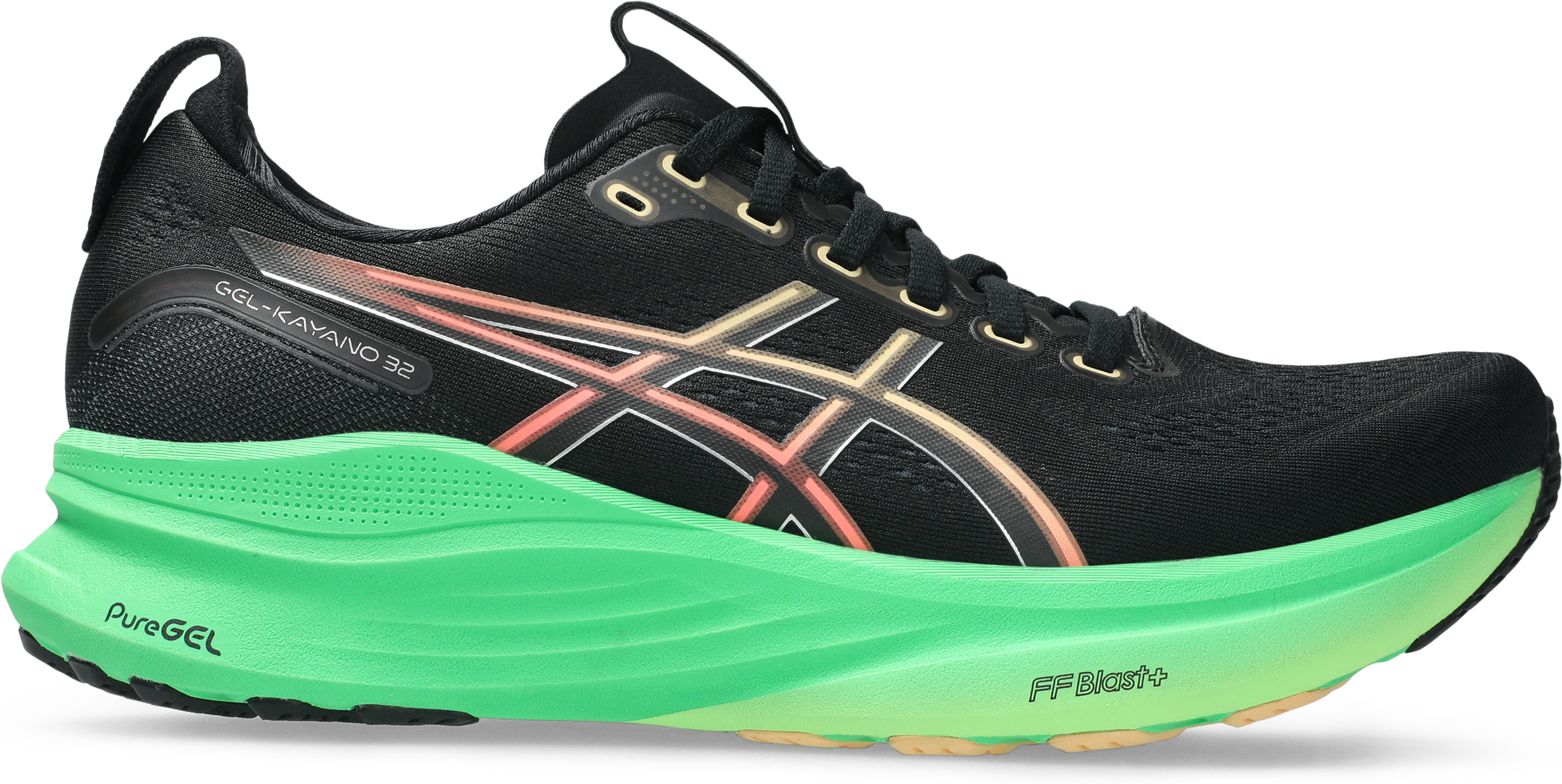 Laufschuh ASICS "GEL-KAYANO 32", Herren, Gr. 43,5, schwarz (schwarz, vital grün), Synthetik, Schuhe Laufschuh, für mehr Stabilität schwarz, vital grün 43,5