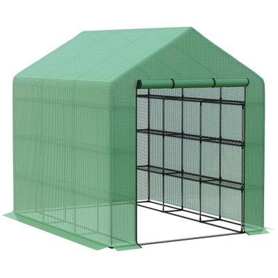 STILVORA Foliengewächshaus begehbar Grün 210x180x244 cm mit 8 Regalebenen, aufrollbarer Reißverschlusstür, PE Abdeckung UV beständig, Stahlrahmen