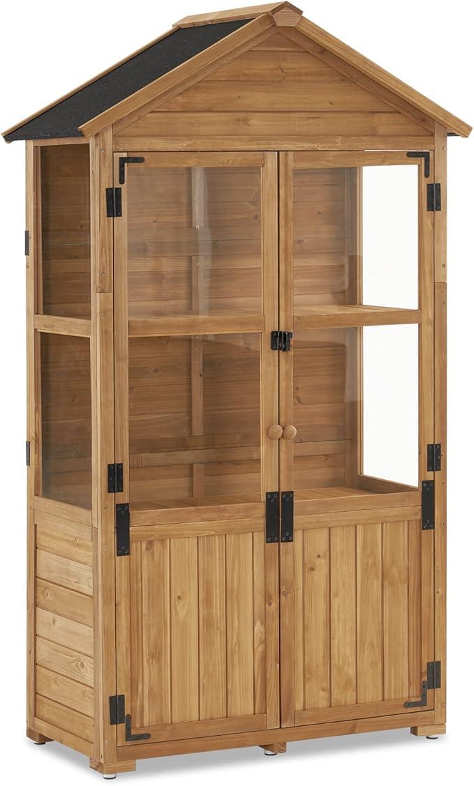 Gartenschrank Holz Klein, Outdoor Gartenhaus Gerätehaus Wetterfest, Gewächshaus für Balkon & Terrasse, 100 × 53 × 178 cm, 0111 (Natur)
