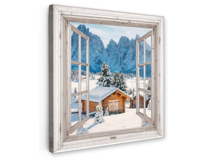 LEINWANDBILD Winterlandschaft - Hütte - Berge - Ausblicke - Aussicht - Natur Wandbild Wohnzimmer 50x50 cm
