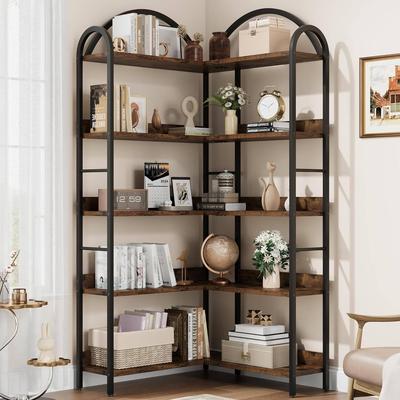 Garvee 68.5in 5 Tier L-Shaped Corner Bookshelf with Arched Metal Frame, Wood Open Storage Bookcase