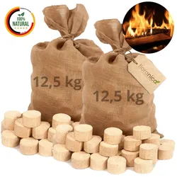 Pemicont Holzbriketts 100% Gepresste Rundholzbriketts 2 x 12,5kg im Jutesack Brikett Hohe Brennwert Raucharm