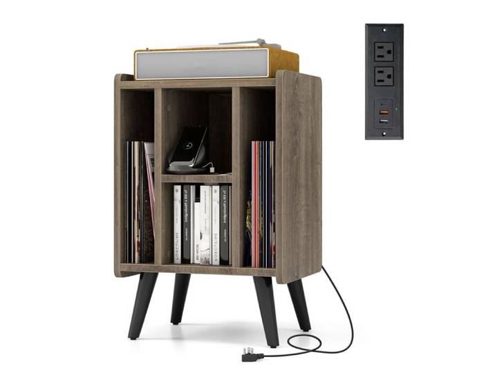 GOPLUS Petit Meuble de Rangement pour Disque Vinyle avec Station de Charge-4 Compartiments-Pieds Surélevés 43x34 5x67 5CM Gris