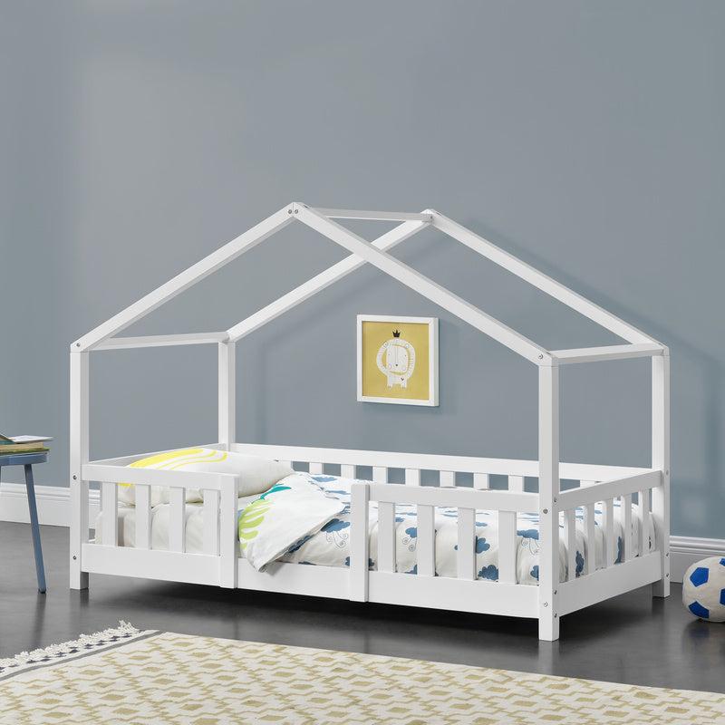 Kinderbett, Babybett, Kleinkindbett, 80x160 cm, Weiß, mit Hausform-Design und Schutzgitter