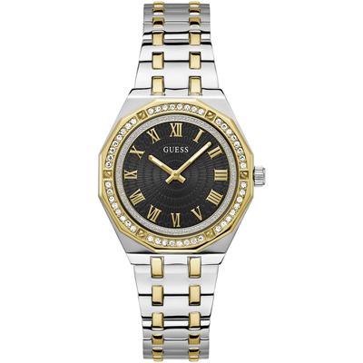 Quarzuhr GUESS "DESIRE", silber (silberfarben, gelbgoldfarben, schwarz), Armbanduhren, Damen, silberfarben-gelbgoldfarben, Quarzuhr, Armbanduhr, Damenuhr, Kristallsteine, Mineralglas, Edelstahlarmband