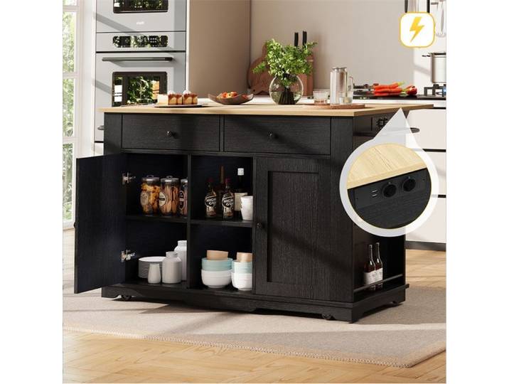 Ilot Central Cuisine avec Rangement et Plan de Travail Ilot Cuisine avec Prise électrique Meuble de Cuisine Bois Table Bar Noir