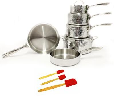 BergHOFF Vintage 13pc Tri-Ply 18/10 Stainless Steel Cookware with Spatulas Set, SS Lids, Hammered