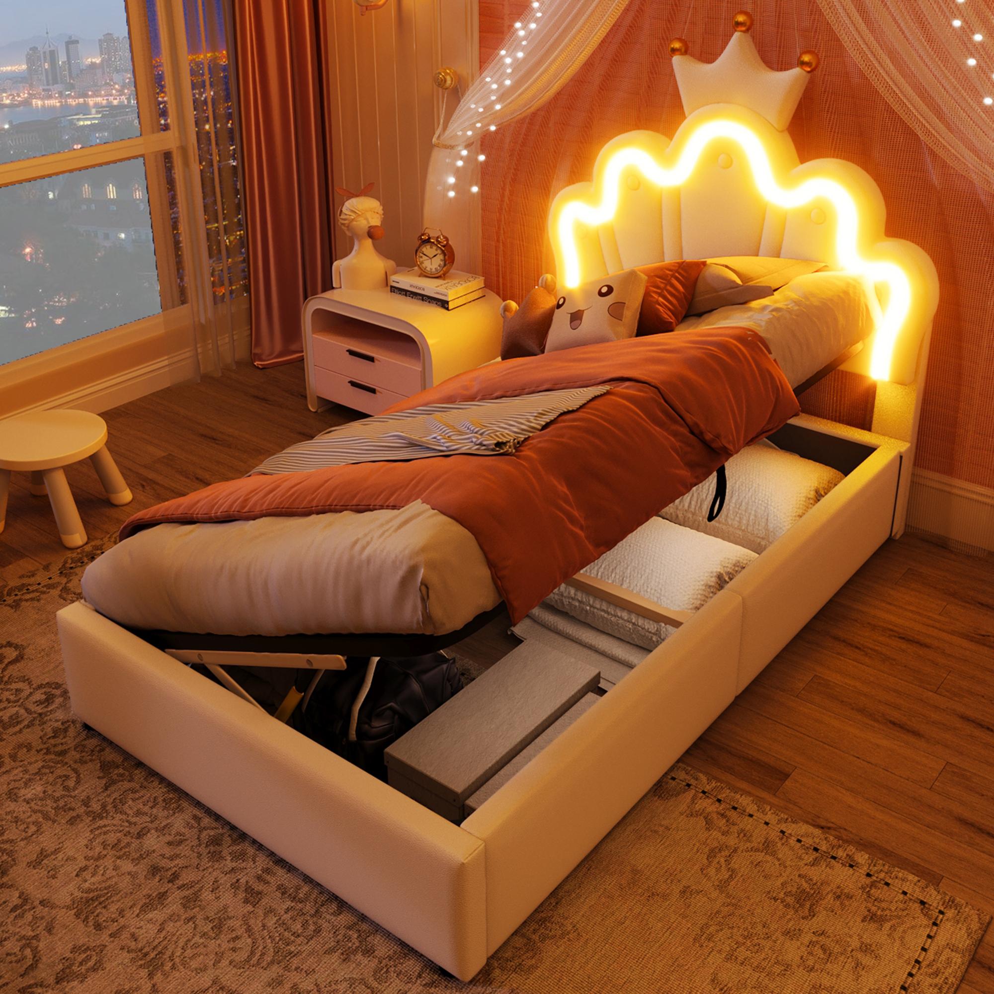 Abrihome Kinderbett 90x200 cm Prinzessinnenbett mit LED-Beleuchtung, Polsterbett mit Kronenförmigem Kopfteil, Weiß