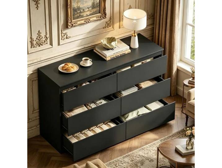 Commode à tiroirs multifonction - 6 tiroirs - 120 x 75 x 40 cm - Bois d'ingénierie - Finition noire