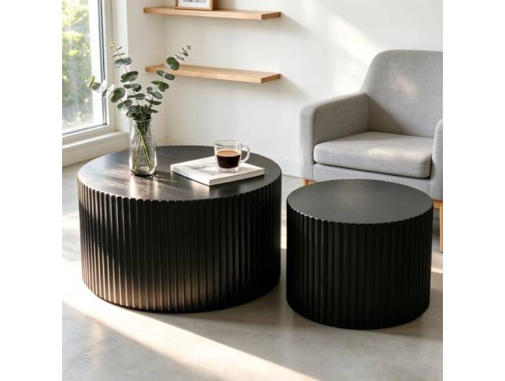 WUPDPQS Schwarz Runde Couchtisch-Sets 26 Zoll, A Für Wohnzimmer, Spritzlackierung Geriffeltes, Modern-Stil Satztische, Stapelbares Beistelltisch Für kleine Räume