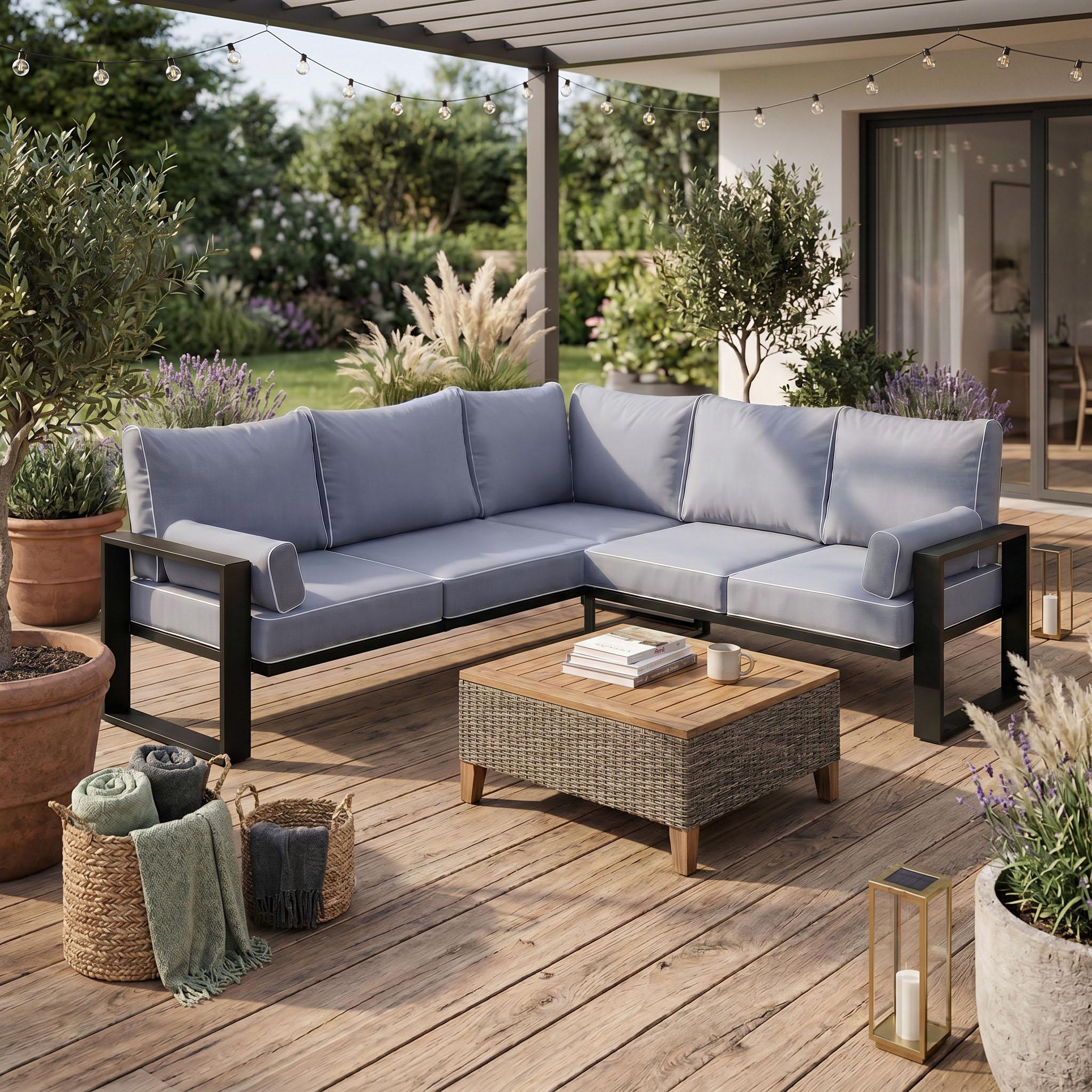 BEAUTYSOFA | VERDINO Gartenecke Blaugrau - Garten Lounge Ecke wetterfest mit Metallrahmen, Outdoor Ecksofa, SIMAX 42