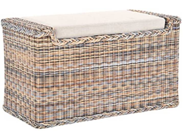 Wäschesortierer mit Sitzbank aus echtem Rattan/Wäschesammler mit 3 Fächern in der Farbe Zebra (Mehrfarbig)