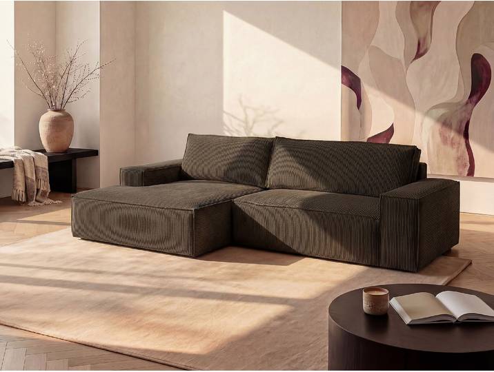 Ecksofa mit Schlaffunktion - Ecke Links - Cord - Braun - AMELIA