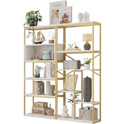 OKWISH Regal Metall und MDF Gold-Weiß 160x29,5x180 cm mit offener Mehrfachaufteilung